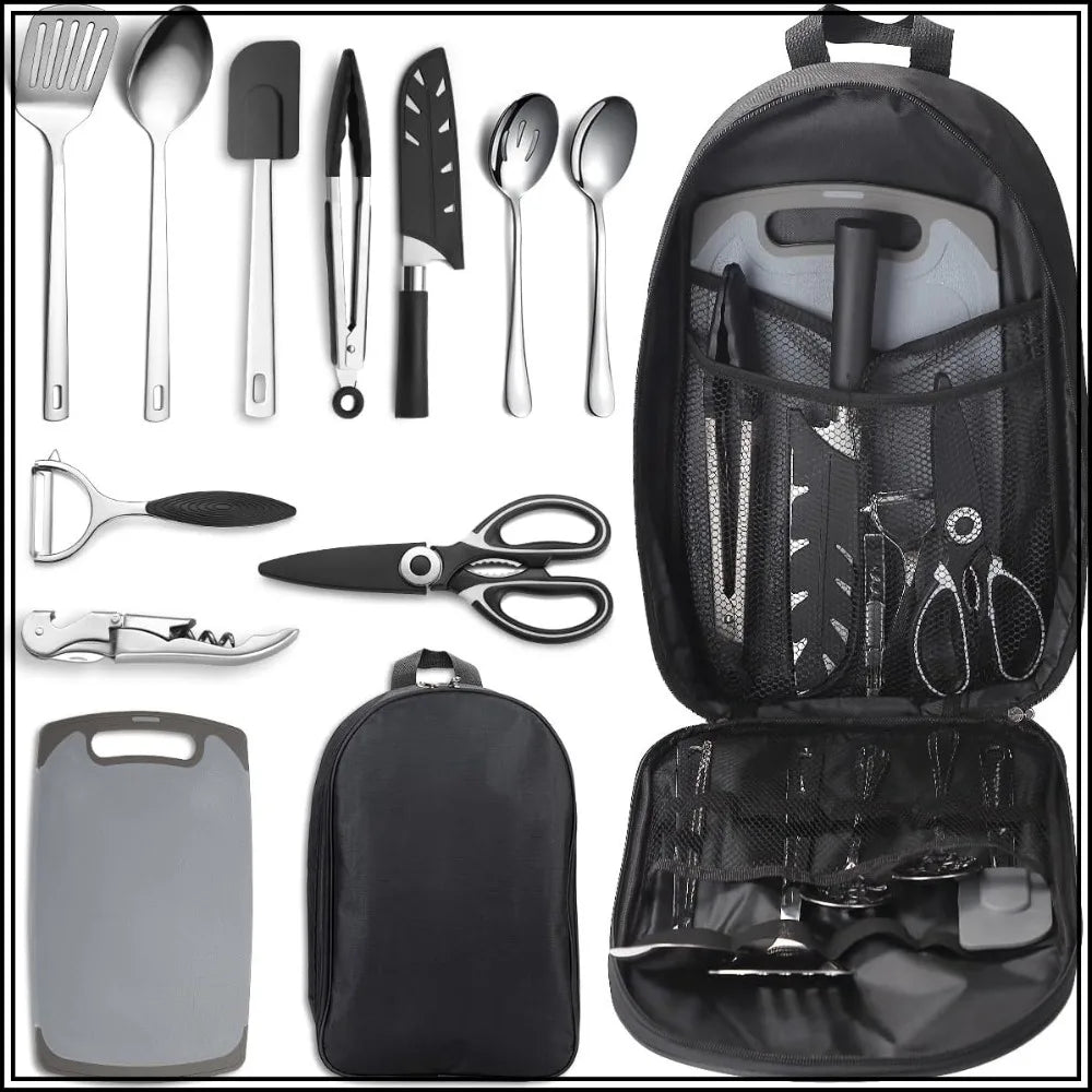 Portable Camping Kitchen Utensil Set - 12-Piece Stainless Steel Cookware for Travel, Picnic, BBQ