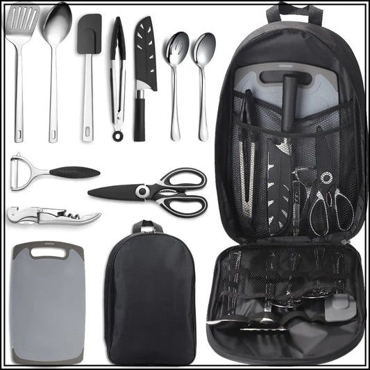 Portable Camping Kitchen Utensil Set - 12-Piece Stainless Steel Cookware for Travel, Picnic, BBQ