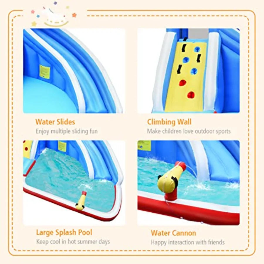 Inflatable Water Slide Shark Bounce House with Long Slide Climbing Wall Water Cannon Splash Pool for Outdoor Backyard Inflatabl