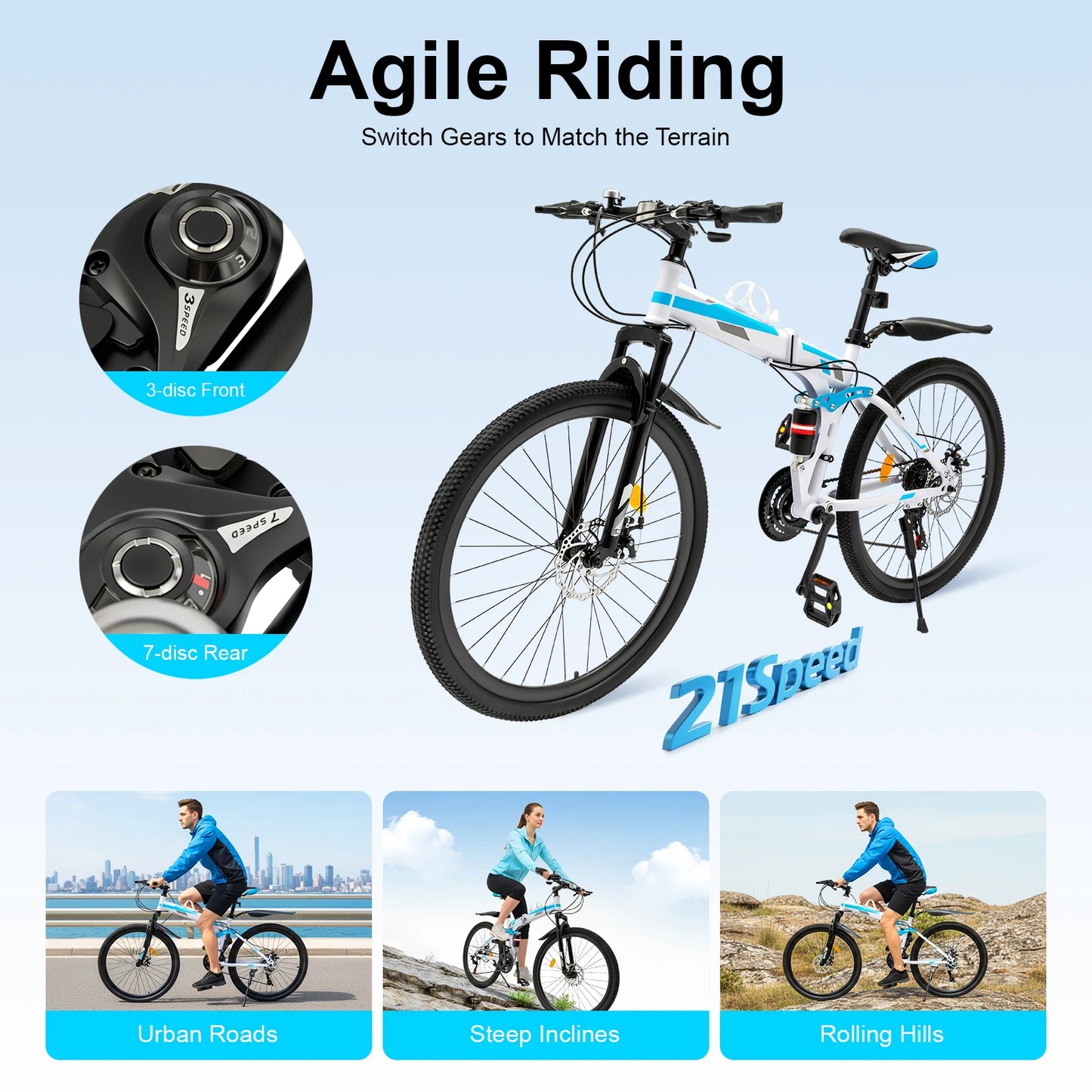 26 Inch Mountain Bike 21-Speed Foldable Carbon Steel Bike with Dual Disc Brake System for Adults Daily Commuting Fitness, Seat Height Adjustable/Anti-slip Pedals/Shock-Absorbing System