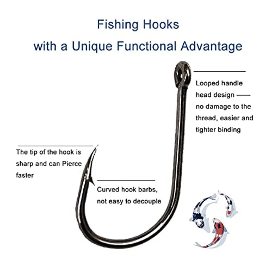 Fishing application, high-carbon steel, silver, 300PCS barbed hooks with holes in 10 sizes, portable boxed, adaptable to variou