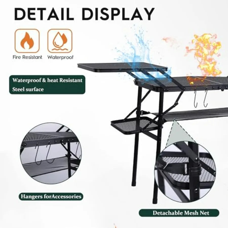 Camping Table, Compact Folding Tailgate Grill Table, Outdoor Metal Tables, Fold Up Lightweight with 4 Side Tables and Mesh Net
