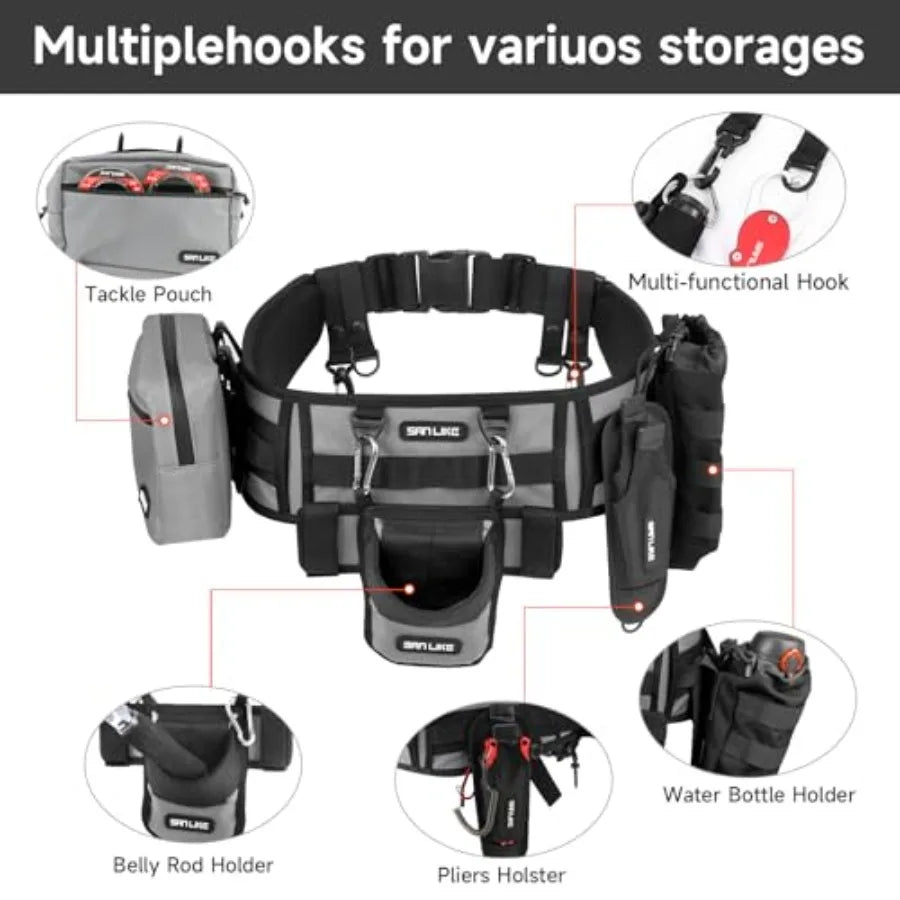 Fishing Belt Rod Holder for Wading: Nylon Black Adjustable Fighting Waist Belt with Detachable Tackle Bag, Belly Rod Holder, Pl