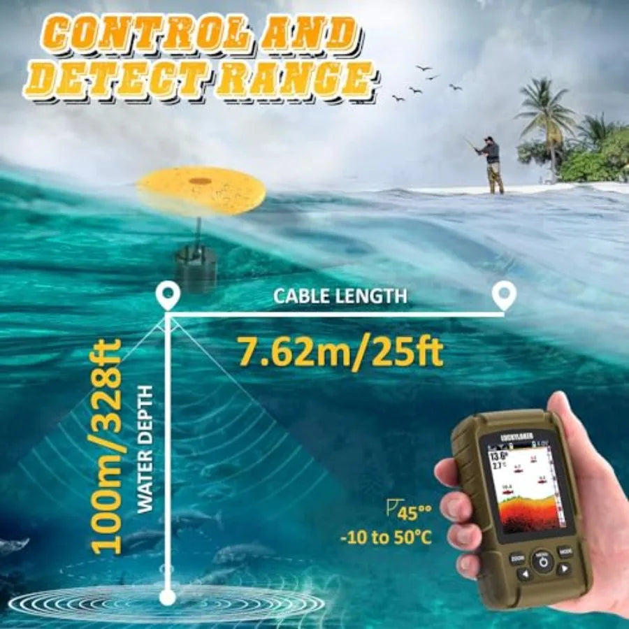 Ice fishing, sea fishing, kayak: wireless handheld fish finder with wired transducer, waterproof portable sonar depth sensor in