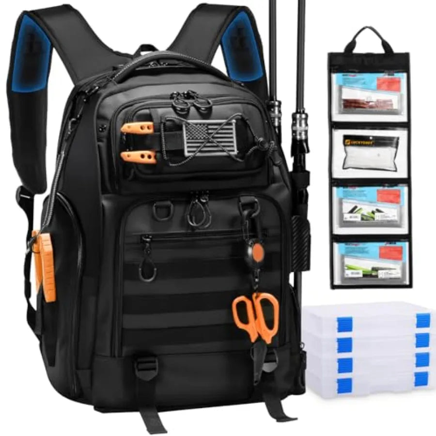 50L Fishing Tackle Backpack with Removable Lure Wraps, Include 4 3600 Tackle Boxes, 2 Rod Holders Storage Fishing Gear and Equi