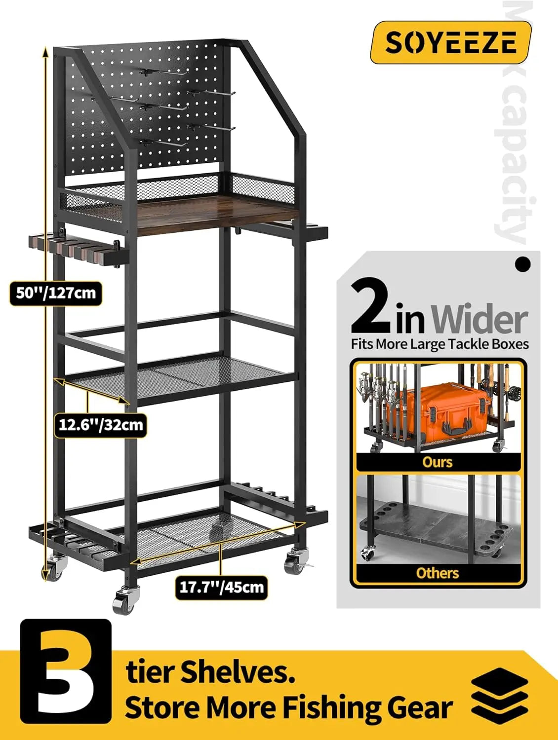 Rolling Fishing Rod Rack with Pegboard & Hooks, Holds Up to 12 Poles, Garage Storage Cart with Wheels for Tackle & Reel Organization