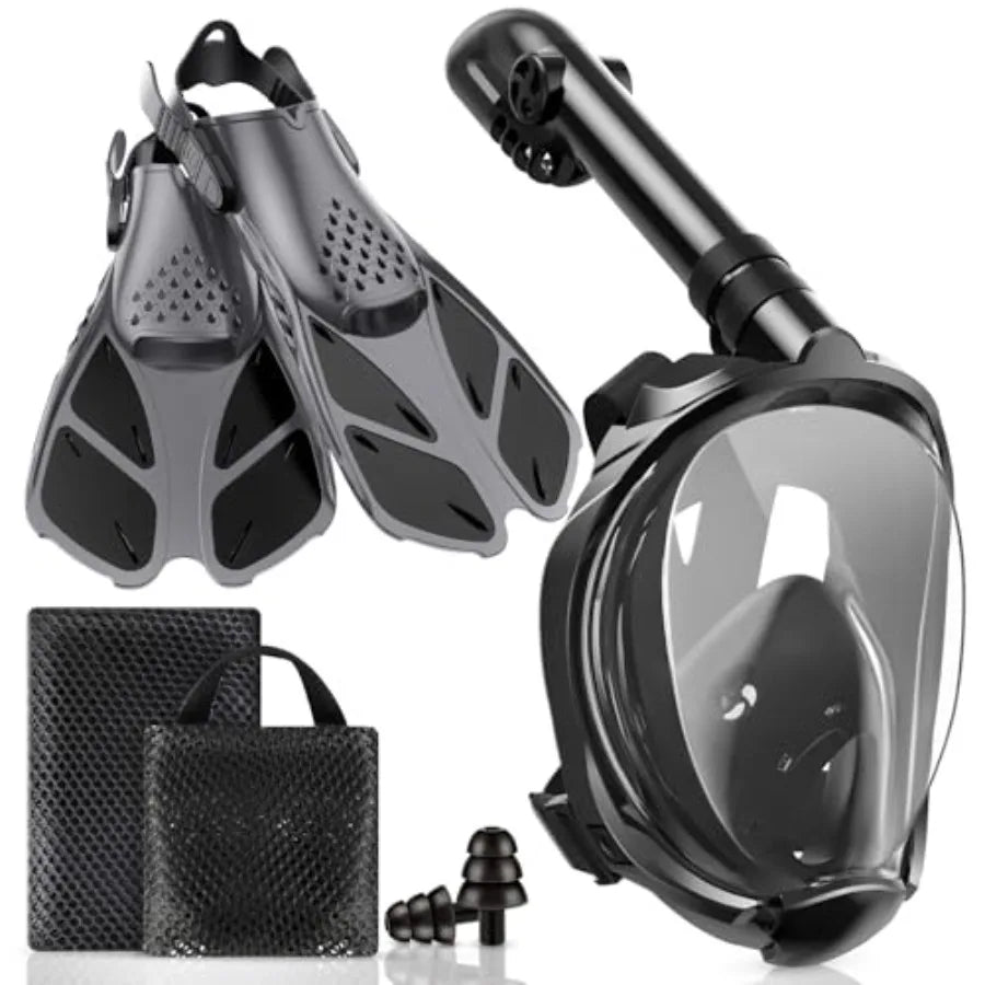Mask Fins Snorkeling Gear for Adults, Full Face Snorkel Mask and Adjustable Swim Fins Snorkel Set, Panoramic View Snorkel Mask