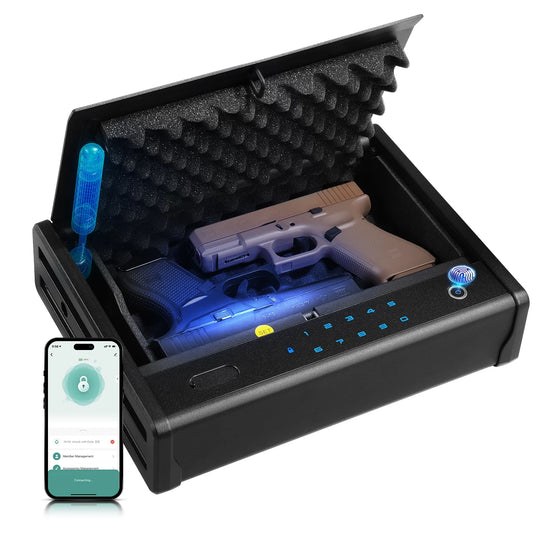 Biometric Pistol Safe Gun Locker Box w/ APP Control and Fingerprint 5-Quick Access Handgun Safe for 2 Pistols