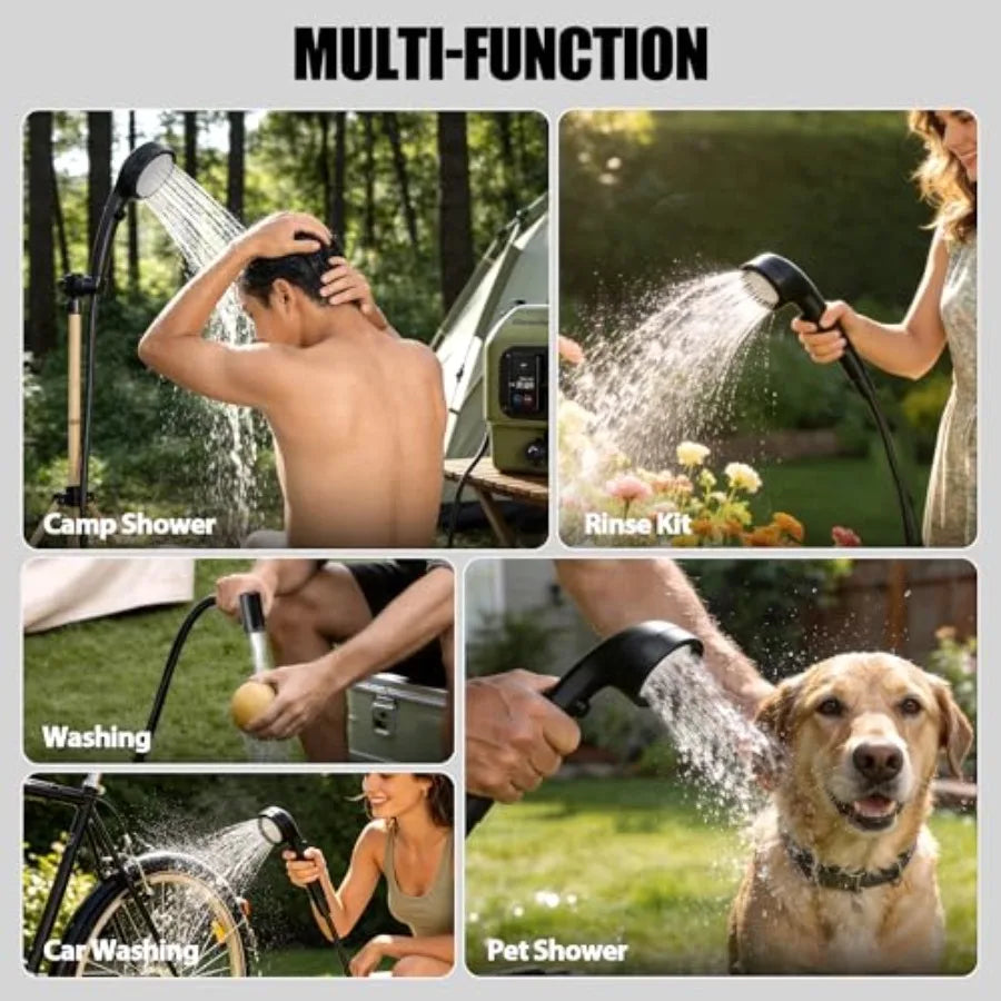 Camping portable shower: leak-proof electric cordless power unit with 5-gallon water tank, blue ABS plastic, max 8-hour runtime