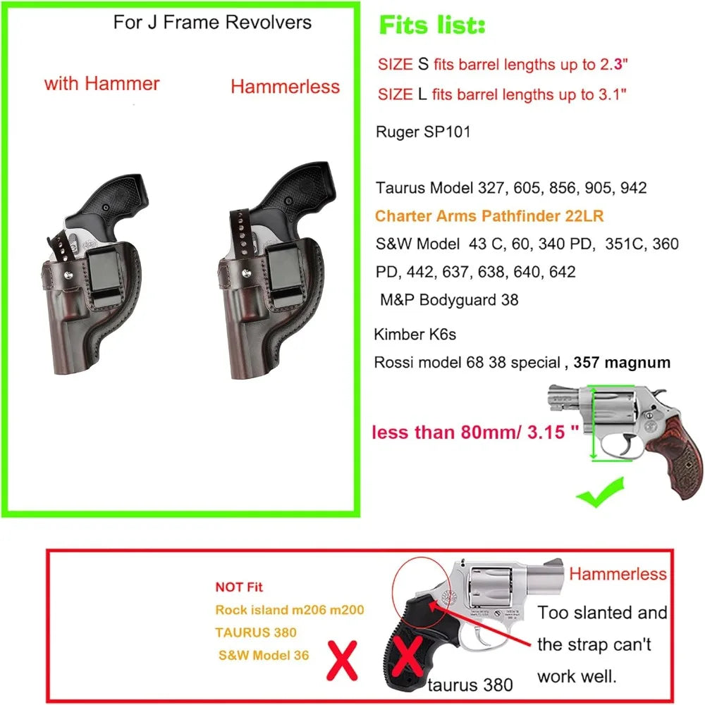 OWB Leather Revolver Holster Fits .38 Special & J Frame for Taurus 327/605/856/905, S&W 360PD/442/637/640/642, SP101. 2"/2.25", 2.5"/3" Barrel Options Outside Waistband