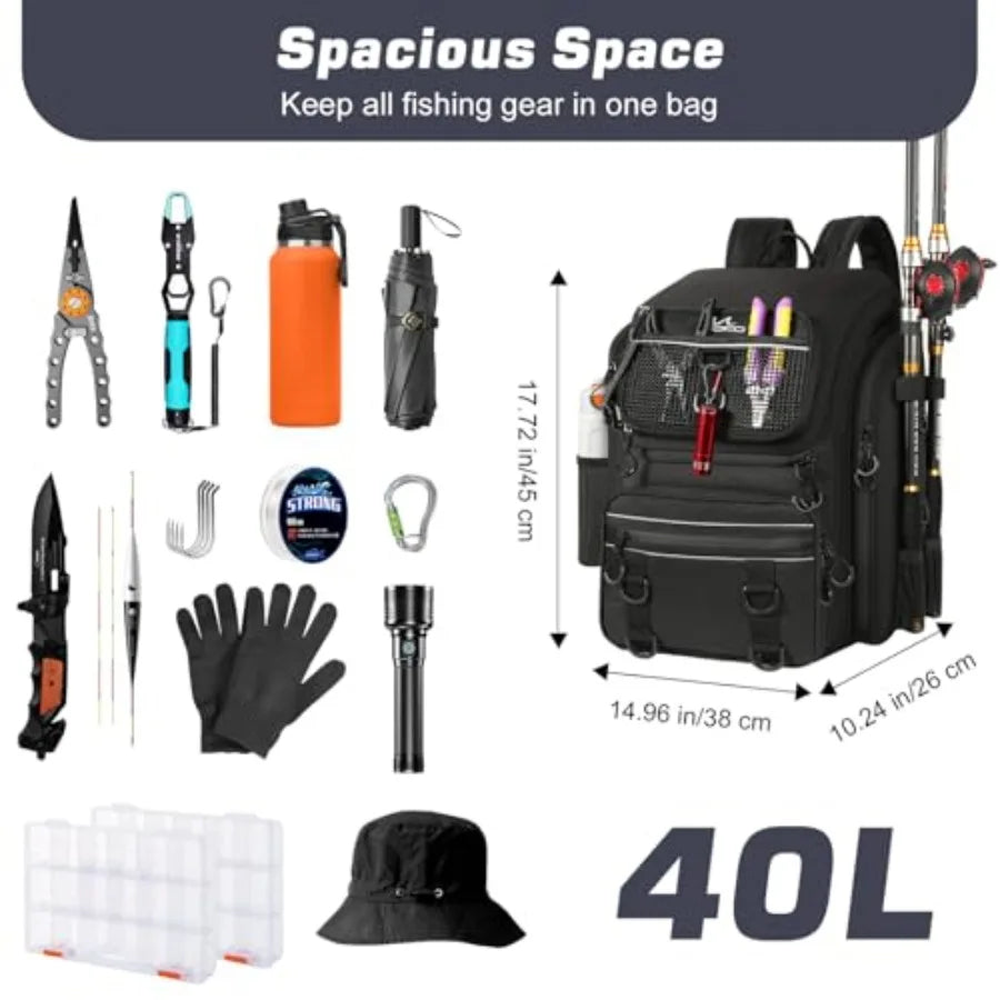 Fishing Backpack Bag, Large 40L Tackle Backpack with Rod Holders and Bait Binder Storage Fishing Gear and Equipment for Hiking