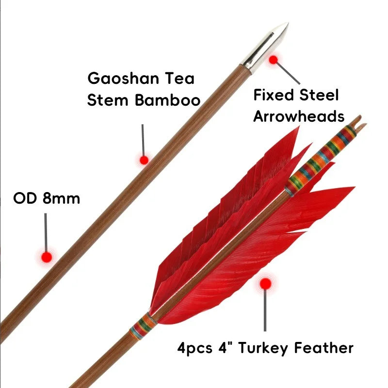 Turkey Feather Bamboo Arrows 6/12pcs 33.4" OD 8mm Slotted Nock Precision Balanced Shaft for Traditional Compound Recurve Bow Hunting Shooting Practice Archery Accessories