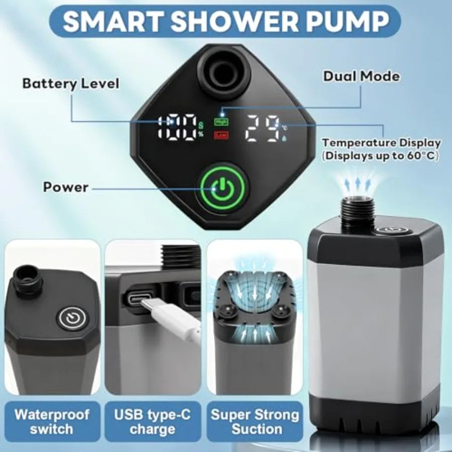 Portable Shower with Heater 6000mAh Rechargeable Camping Shower with LED Display, 3 Spray Modes, IPX7 Waterproof Shower Pump Fo