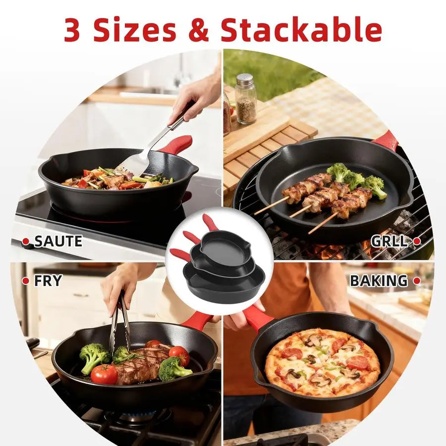 piece set, cookware set 6, 8, 10 Inches, for frying, saute, ampmore, easy use in the oven, stove, grill, or campfire, black, wit