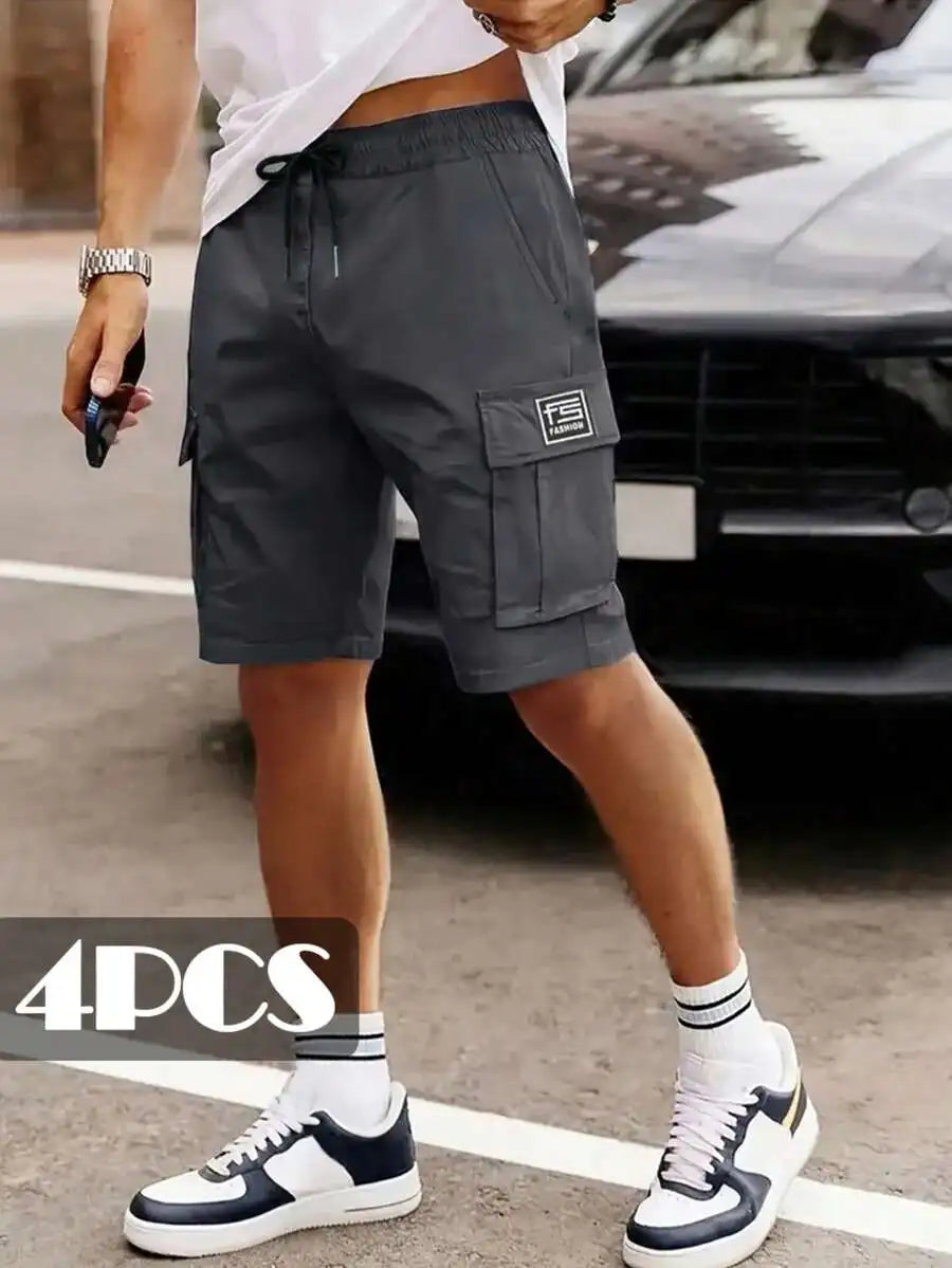 4pcs Mens Lightweight Cargo Shorts, Elastic Waist With Drawstring, Multiple Pockets, Loose Fit For Summer Outdoor Activities