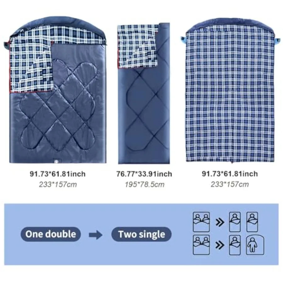 Double Sleeping Bag for Adults with 2 Pillows, Camping Sleeping Bags Flannel Cotton 2 Person Sleeping Bags XXL Queen Size Sleep