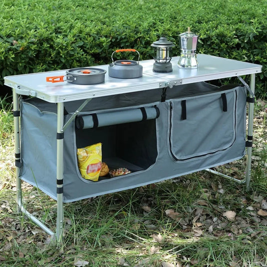 Folding Camping Table with Storage, Portable Kitchen  Lightweight, 3 Heights Adjustable Camping Furniture