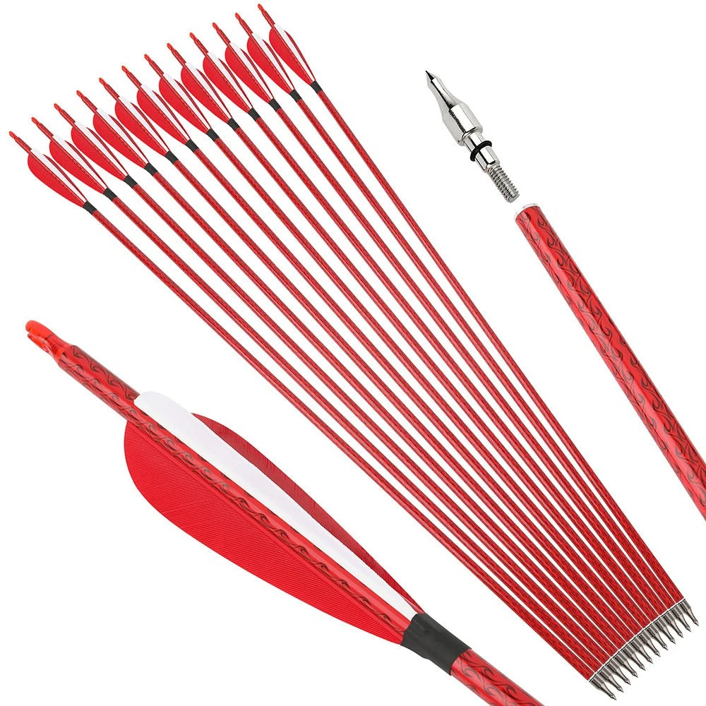 Mixed Carbon Arrows 12pcs 31.5" Spine 500 ID 6.2mm OD 7.8mm with 4" Turkey Feather and 100Grain Arrowheads for Compound Recurve Bow Hunting Shooting Target Practice Durable Archery Accessories
