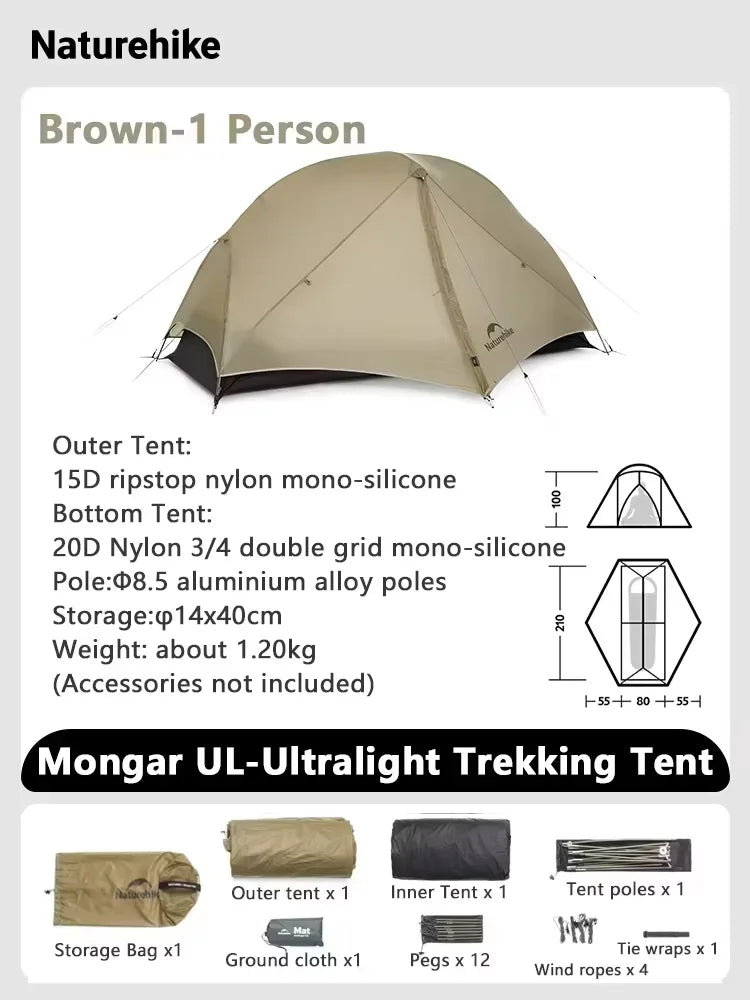 Naturehike Mongar UL Ultralight Backpacking Tent 15D Nylon Waterproof Hiking Tent 1/2 Person Riding Travel Trekking Shelter Tent