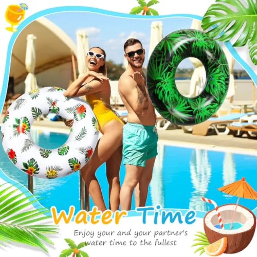 12 Pcs Large Inflatable Pool Float Tubes for Adults 32 Inches Tropical Leaves and Animal Patterns Swimming Rings Tube Floaties
