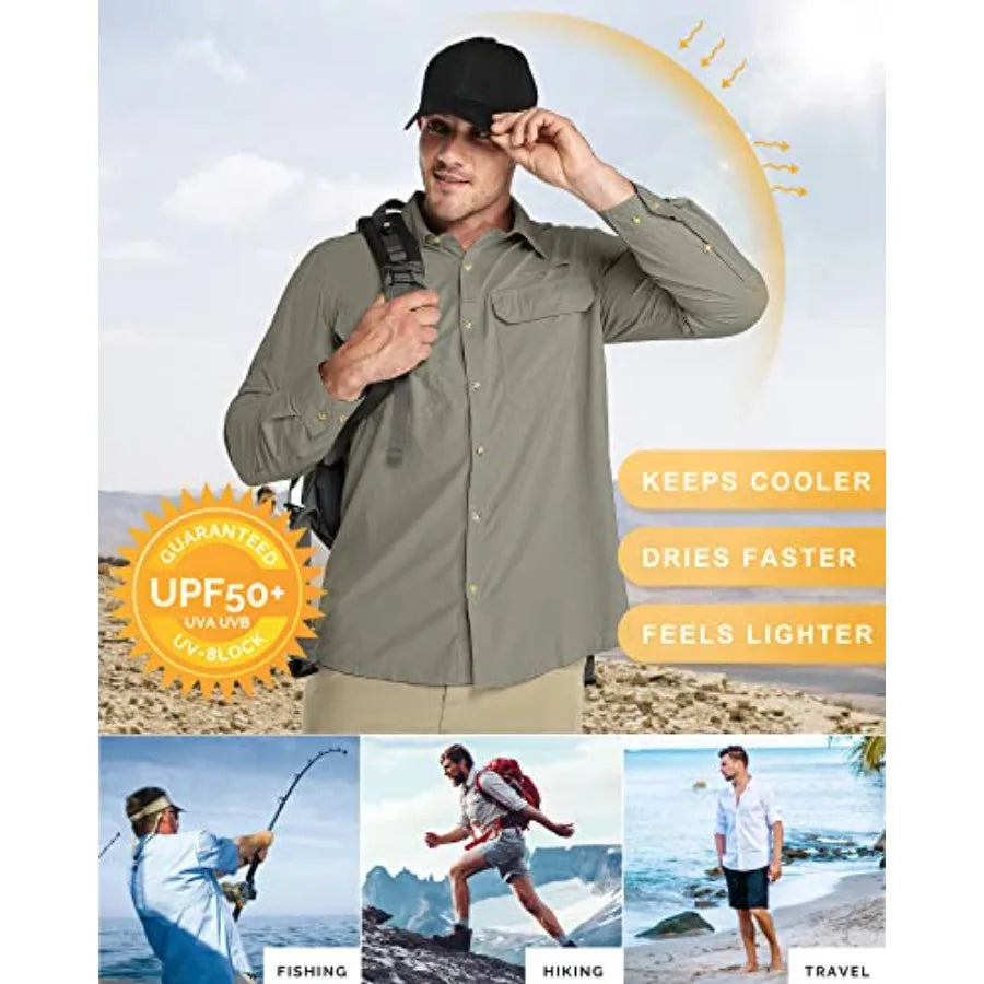 33000Feet Men's Long Sleeve Sun Protection Shirt UPF 50+ UV Quick Dry Cooling Fishing Shirts for Travel Safari Camping Hiking