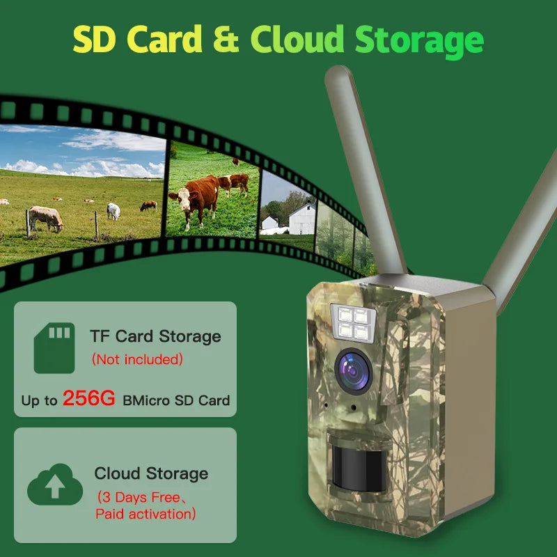 FIRSTCCTV EU 4G Cellular 3MP 2K Battery Solar PIR Motion Activated Wildlife Hunting Trail Camera IP66 Outdoor Night Vision