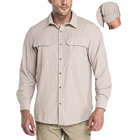33000Feet Men's Long Sleeve Sun Protection Shirt UPF 50+ UV Quick Dry Cooling Fishing Shirts for Travel Safari Camping Hiking