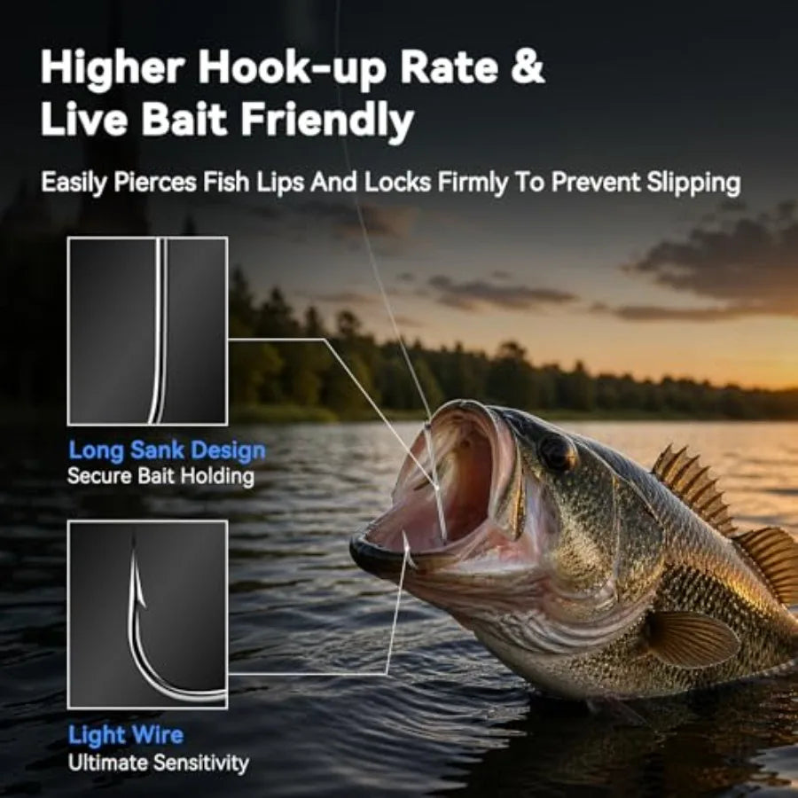 Crappie Fishing Hooks for freshwater fishing, Aberdeen steel, silver, long shank light wire design for live bait and worm riggi