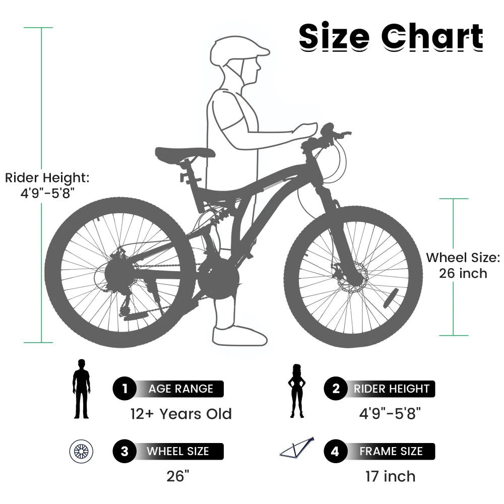 26 Inch Mountain Bike with 21-Speeds & Full Suspension Steel Frame, Alloy Rims, Disc Brakes For All Terrains, Men & Women, Multiple Colors