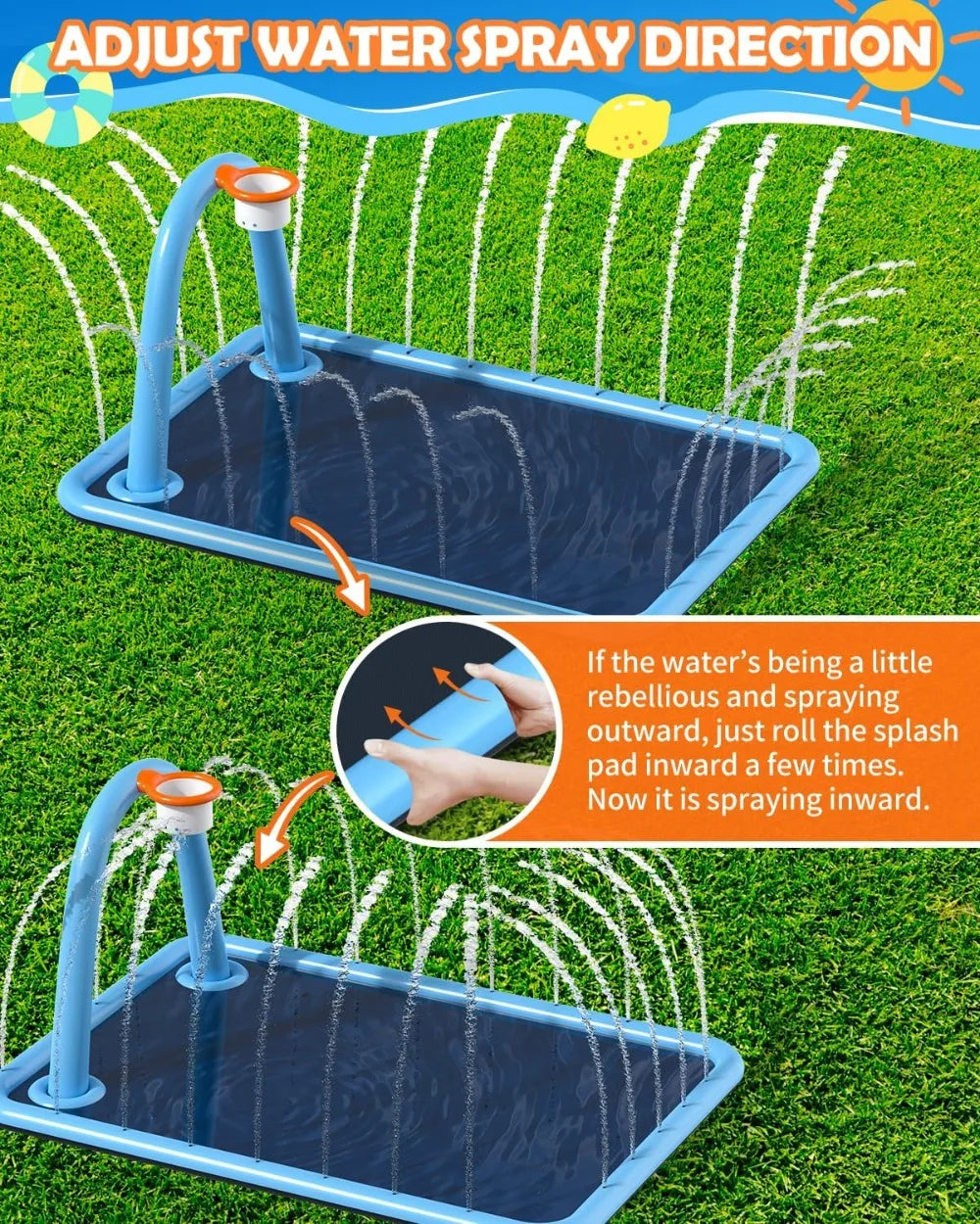 110'' Large Splash Pad with Basketball Hoop, Non-Slip Sprinkler Mat, Foldable Outdoor Summer Water Toys
