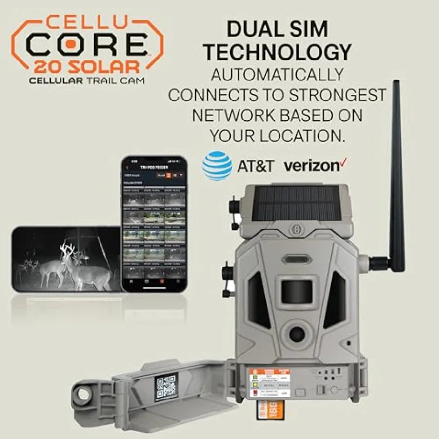Solar trail camera for hunting, rugged ABS plastic body in black, ultra-low glow infrared night vision with 20MP photos and 108