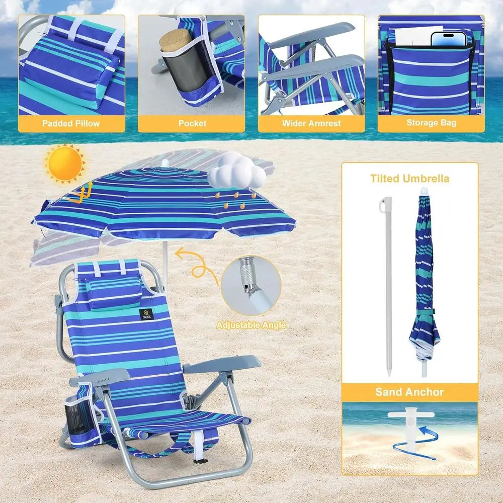Portable Reclining Beach Chair with Umbrella and Cup Holder for Kids, Suitable for Beach, Camping, and Picnics