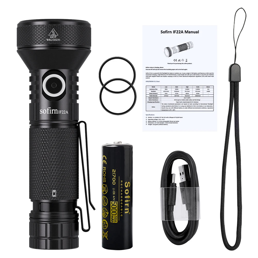 Sofirn IF22A 2100lm Flashlight 21700 Powerful Light SFT40 LED 680M Long Range USB C Rechargeable Charging  Throw Torch