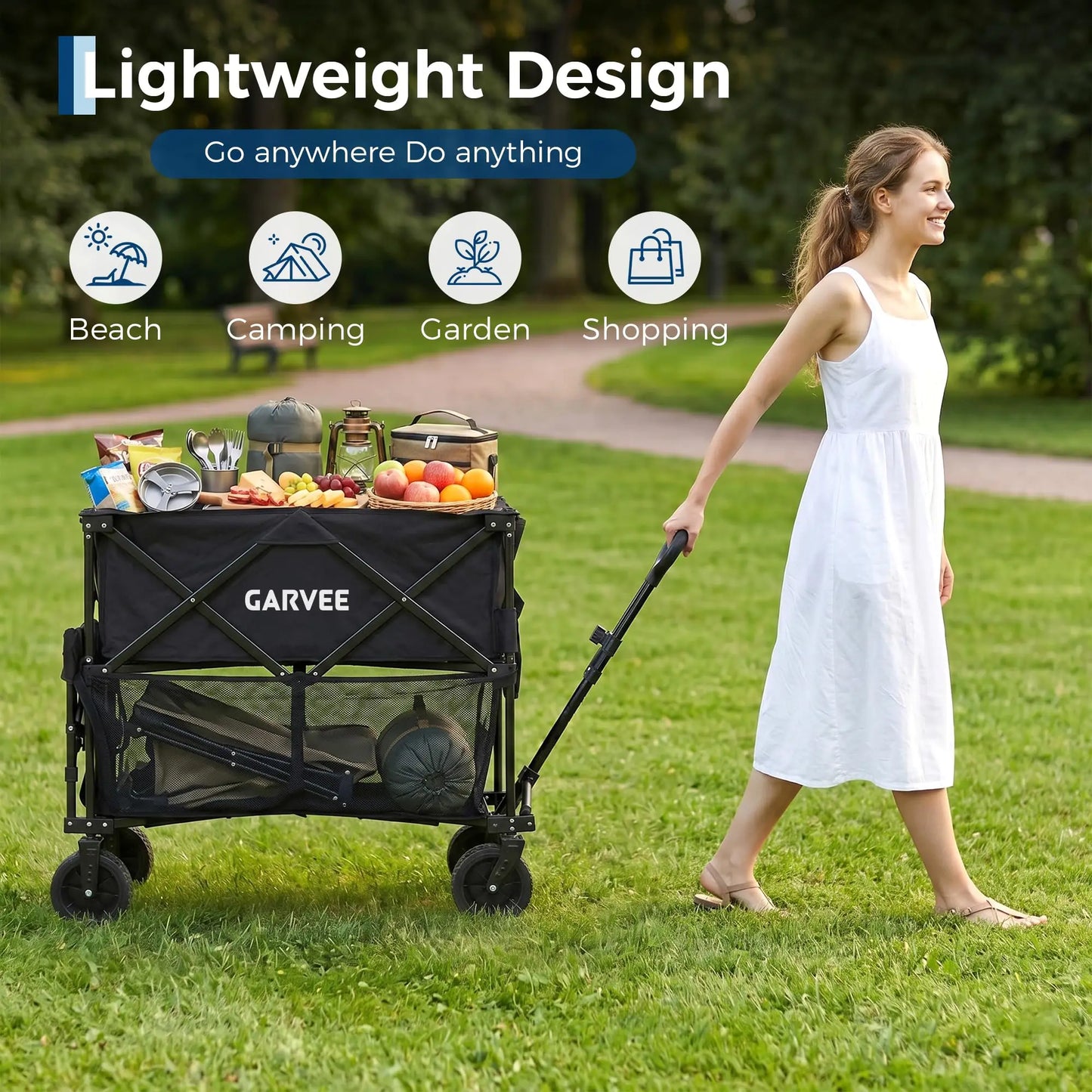 Collapsible Wagon Cart 220lb Foldable Utility Wagon With Canopy 120L Expandable Storage Cup Holders For Camping Beach