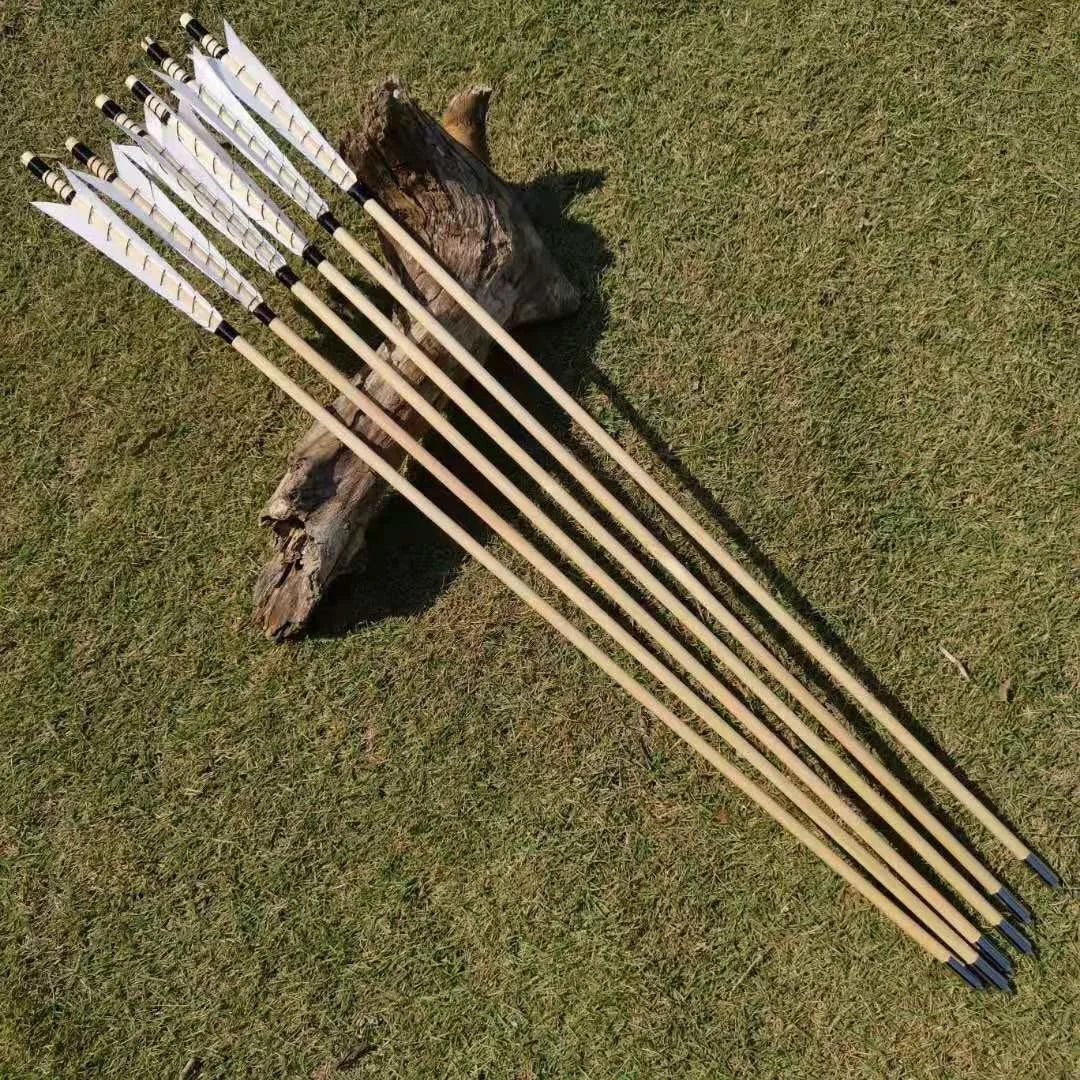 Wooden Arrows 12Pcs, 8mm Shaft with 5" Turkey Feathers, Traditional Arrows for Longbow & Recurve Bow, Ideal for Hunting, Shooting & Target Practice Accessories