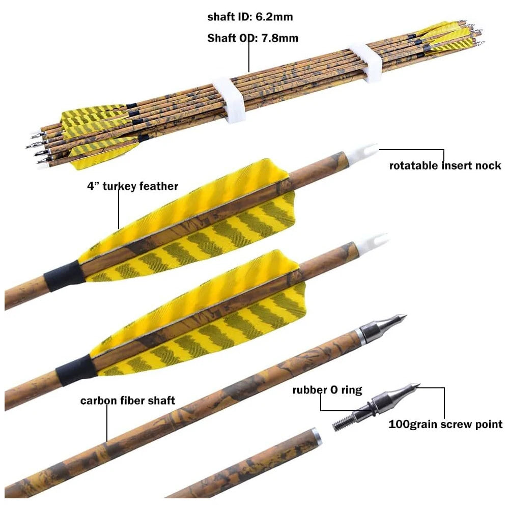 Spine 500 Carbon Arrows 31.5" Camo Color ID6.2mm Arrow Shaft 100 grain Arrowhead for Bow Hunting Shooting Target 6/12pcs