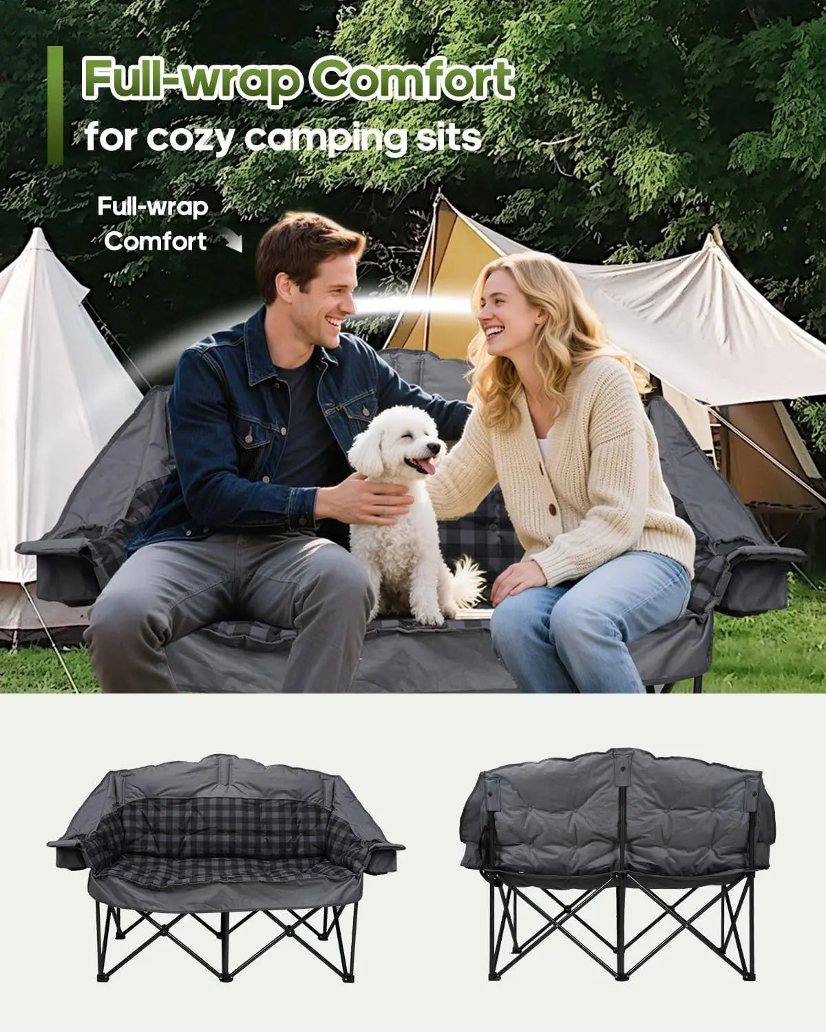 Oversized 2-Person Camping Chair with Padded Loveseat, Cup Holders, and Carry Bag for Patio Beach