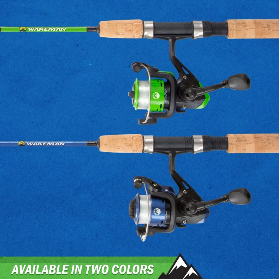 Fishing rod and reel combo for freshwater angling, graphite construction, green color, lightweight and sensitive design