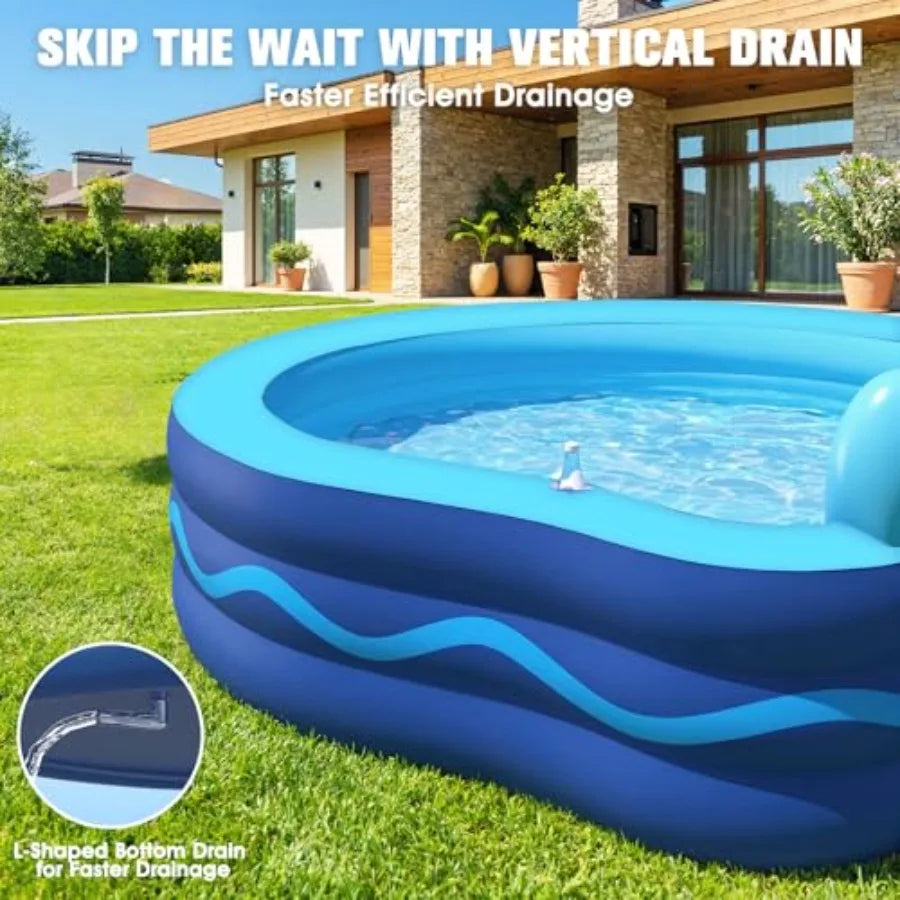 Backyard inflatable pool with seats and headrest for adults, thickened PVC blue material, oversized 90×90×20, durable family lo