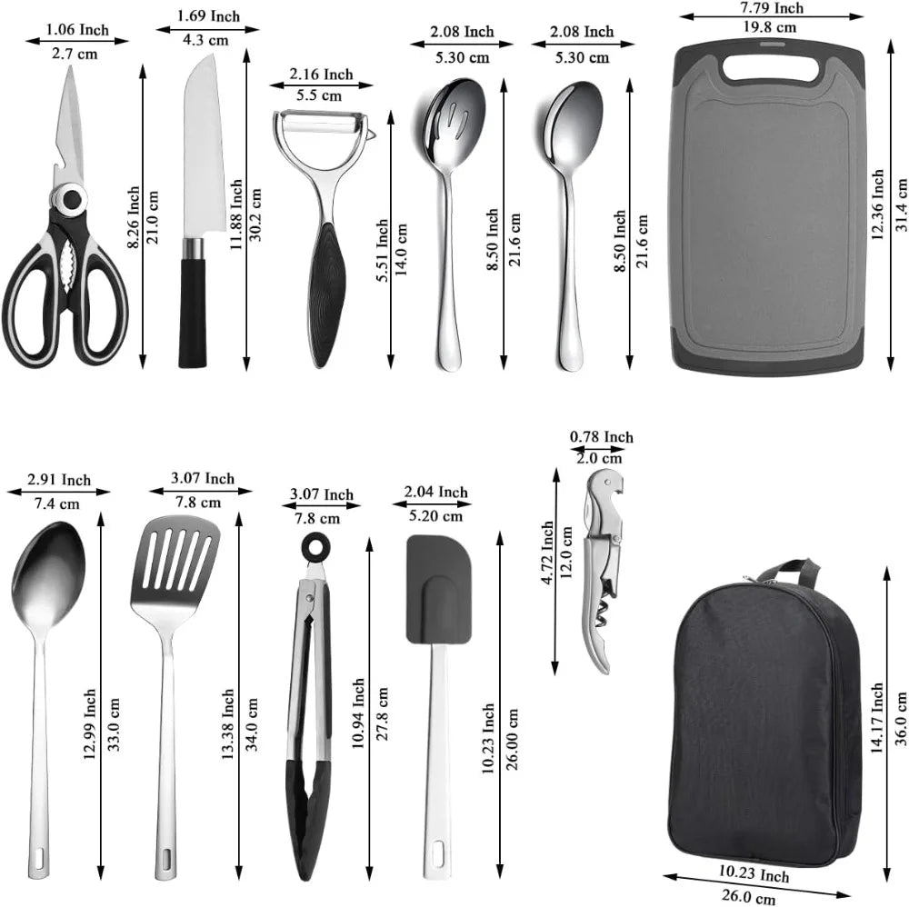 Portable Camping Kitchen Utensil Set - 12-Piece Stainless Steel Cookware for Travel, Picnic, BBQ