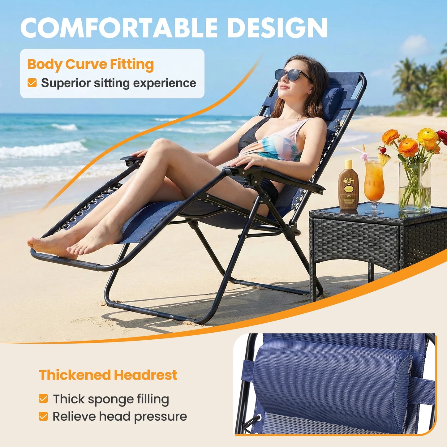 MCQ Outdoor Zero Gravity Chairs Set of 2 Folding Recliner Beach Camping Patio Lounge Chair with Cup Holder and Adjustable Pillow