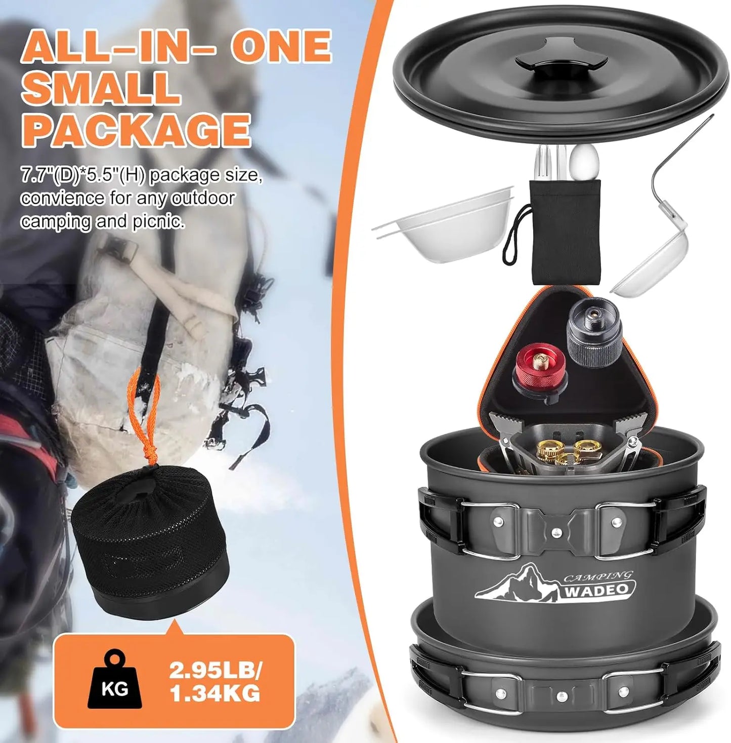 Camping Cookware Mess Kit with 7200W Stove, 14PCS Non-Stick Pot Pan Set with Utensils for Backpacking Hiking Outdoor Cooking