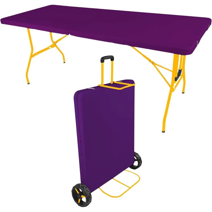 6Ft Rolling Folding Table with Builtin Wheels Durable Plastic Team Colors Easy to Carry Perfect for Camping Picnic Tailgating P