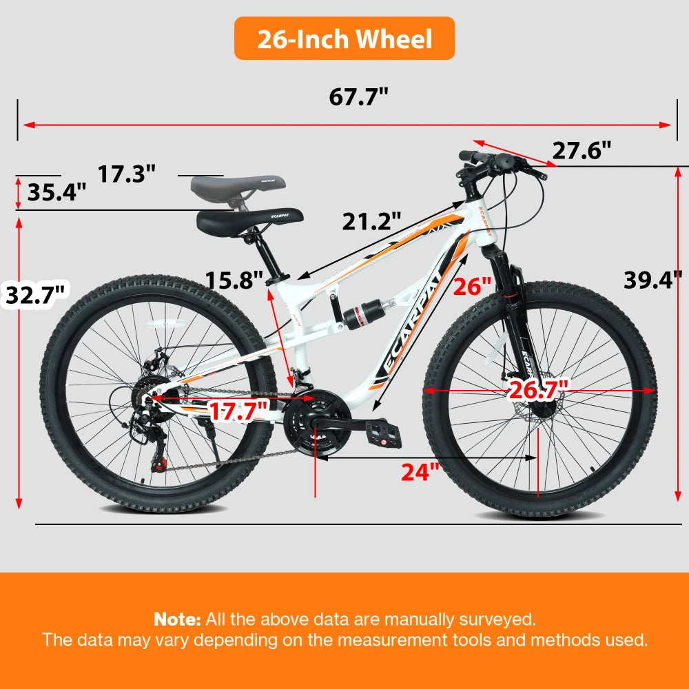 26 Inch Mountain Bike with 21-Speeds & Full Suspension Steel Frame, Alloy Rims, Disc Brakes For All Terrains, Men & Women, Multiple Colors