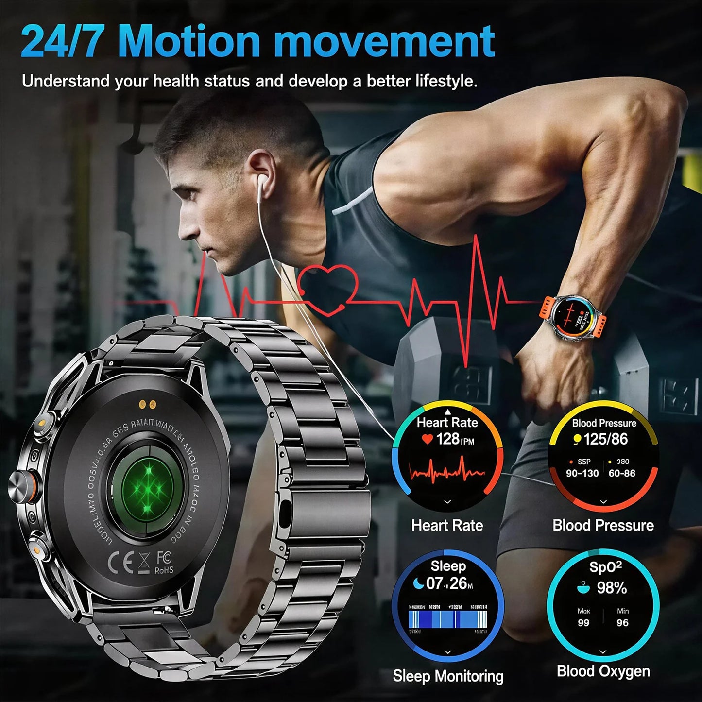 Military Grade Built‑in Map GPS Smart Watch 10ATM Waterproof 1000mAh 1.75" AMOLED Compass Altimeter BT Call Health Smart Watch