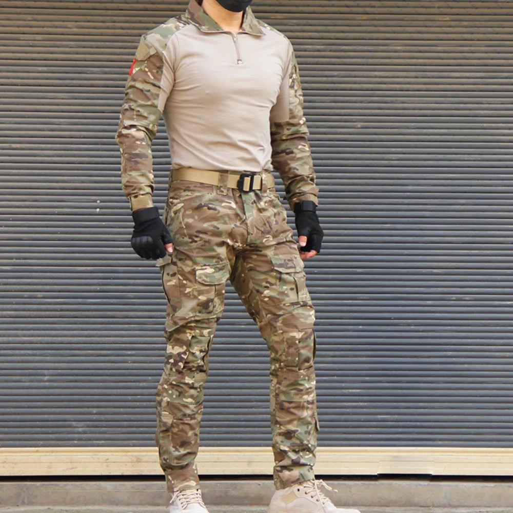 Tactical Combat Tops + Cargo With Caps and Gloves Pants Suit Multiple Training Kits Camo Airsoft Hunting Clothes CP