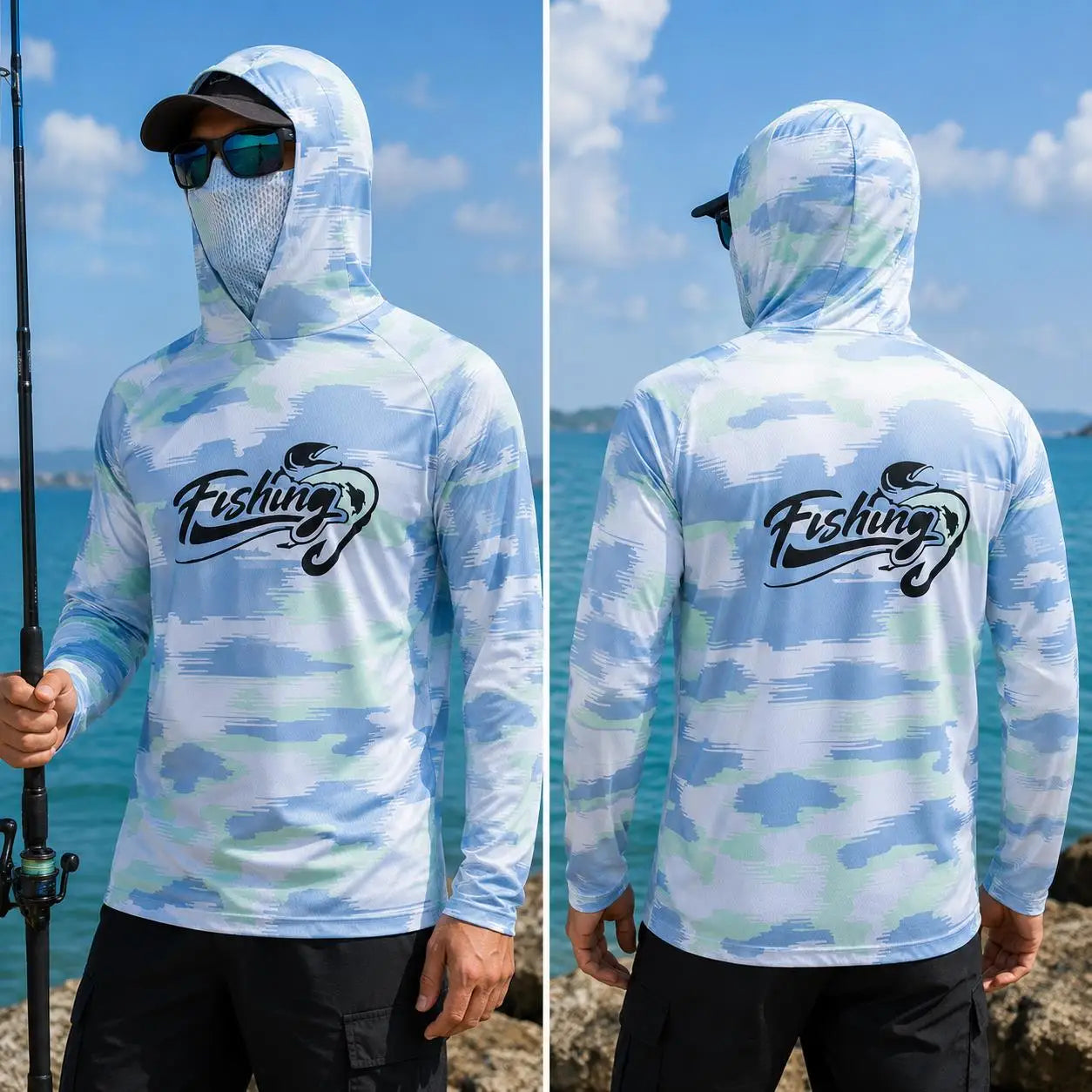 Long Sleeve Fishing Hoodie Protection Breathable Quick Dry Outdoor Fishing Shirt with Face Cover Hood Custom Print Sportswear