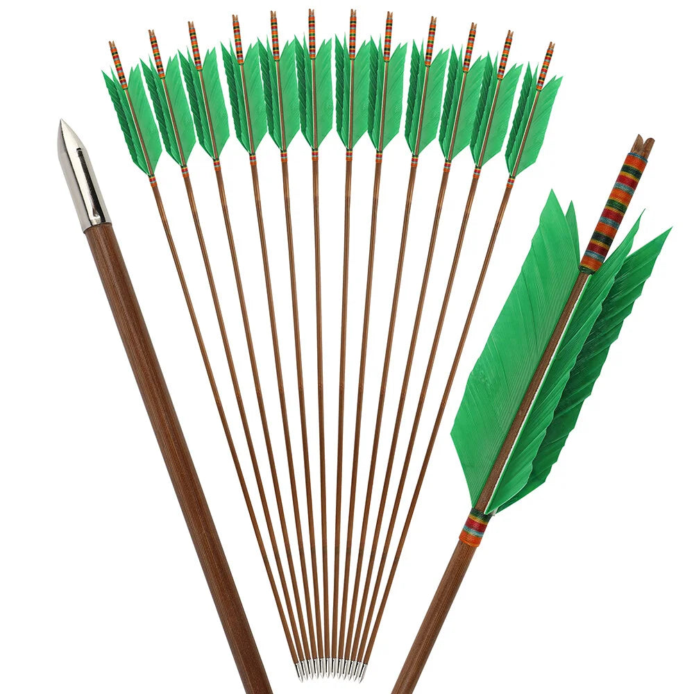 Turkey Feather Bamboo Arrows 6/12pcs 33.4" OD 8mm Slotted Nock Precision Balanced Shaft for Traditional Compound Recurve Bow Hunting Shooting Practice Archery Accessories