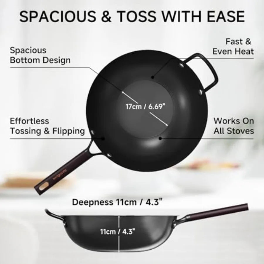 13.5" Carbon Steel Wok Pan - Pre-Seasoned Flat Bottom Woks and Stir-fry Pans Chinese Cookware with Lid and Spatula - For Pan-fr