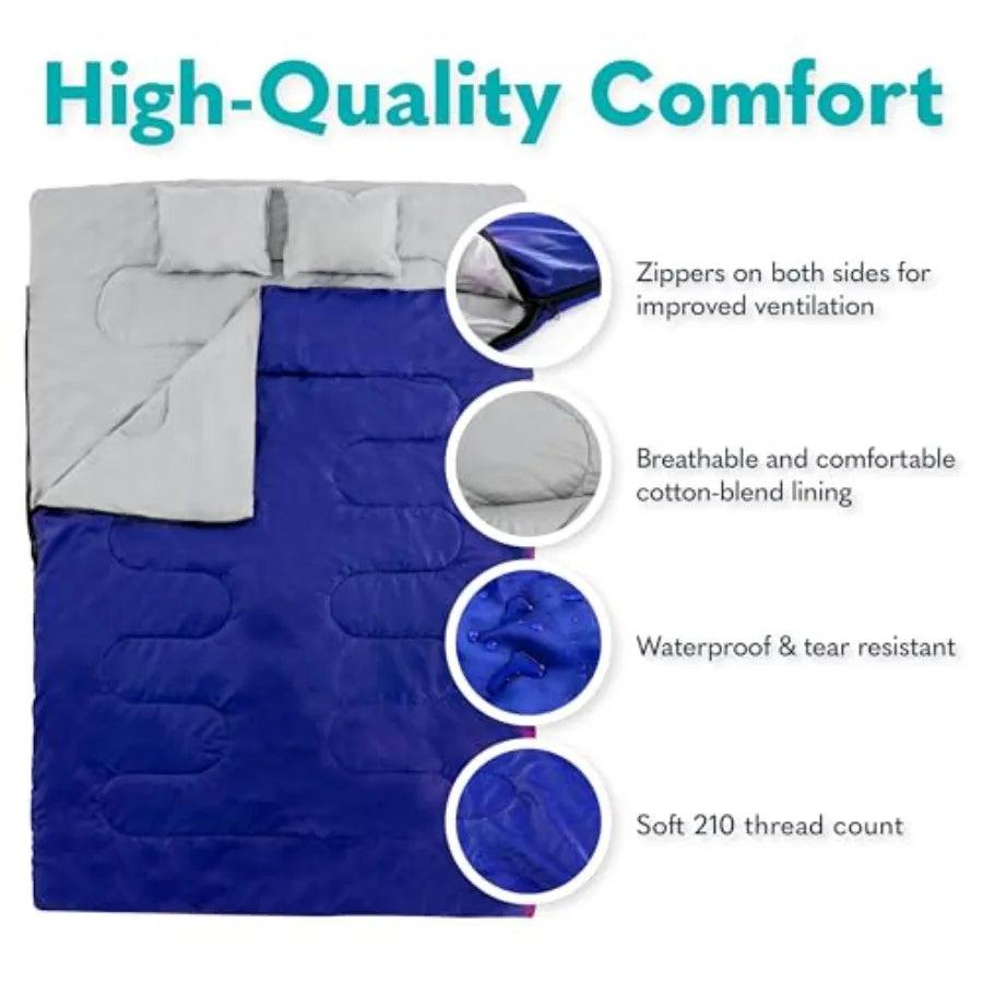 Double Sleeping Bags for Adults Backpacking Camping or Hiking - Waterproof Queen Sleeping Bags for Adults or Teens - Truck Tent